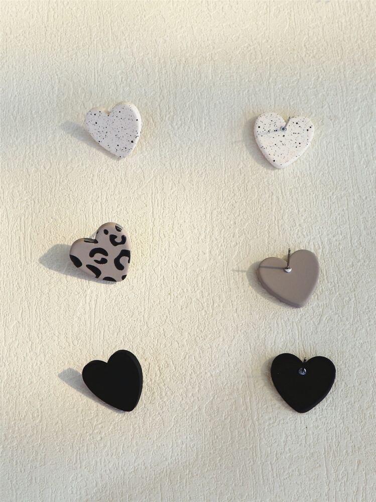 3pairs/Set Splash Ink Pattern Heart Stud Earrings Valentines,Mom,Mother,Mother's Day,Gift - Multicolor - View 2