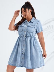 SHEIN Essnce Áo sơ mi có túi Plus Váy denim - Rửa nhẹ - Xem 3
