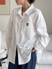 DAZY Camisa de hombros caídos con bordado de letras, blusa de manga larga para mujer en otoño - Blanco - Ver 4