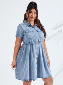 SHEIN Essnce Áo sơ mi có túi Plus Váy denim - Rửa nhẹ - Xem 4