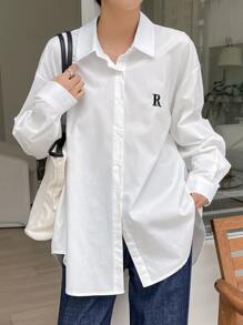 DAZY Camisa de hombros caídos con bordado de letras, blusa de manga larga para mujer en otoño - Blanco - Ver 5