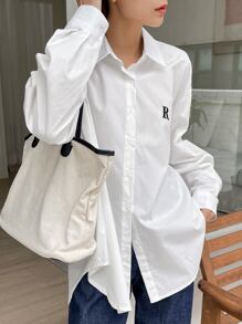 DAZY Camisa de hombros caídos con bordado de letras, blusa de manga larga para mujer en otoño - Blanco - Ver 6