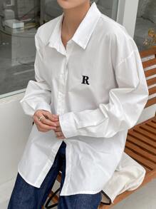 DAZY Camisa de hombros caídos con bordado de letras, blusa de manga larga para mujer en otoño - Blanco - Ver 7