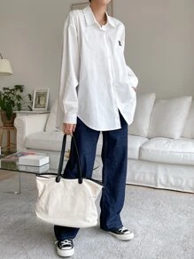 DAZY Camisa de hombros caídos con bordado de letras, blusa de manga larga para mujer en otoño - Blanco - Ver 8