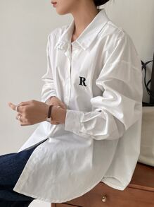 DAZY Camisa de hombros caídos con bordado de letras, blusa de manga larga para mujer en otoño - Blanco - Ver 9