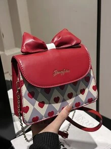 Bolsa cuadrada con estampado de corazón y letra con diseño de lazo con solapa - Multicolor - Ver 1