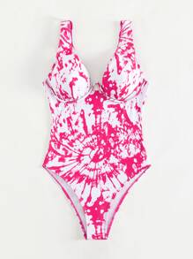 Tie Dye Cut-out Back Underwire One Piece Swimsuit - Hot Pink - View 5