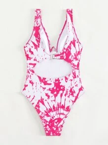 Tie Dye Cut-out Back Underwire One Piece Swimsuit - Hot Pink - View 6