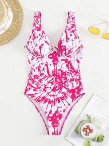 Tie Dye Cut-out Back Underwire One Piece Swimsuit - Hot Pink - View 7
