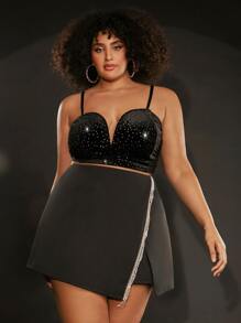 SHEIN CURVE+ 大碼水鑽細節吊帶短上衣 - 黑色 - 查看 3
