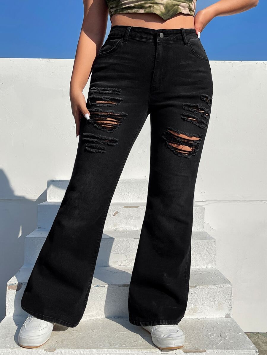 SHEIN EZwear Plus High Waist Ripped Flare Leg Jeans - Black - View 1
