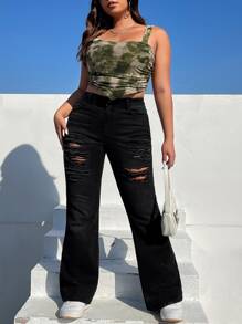 SHEIN EZwear Plus High Waist Ripped Flare Leg Jeans - Black - View 5