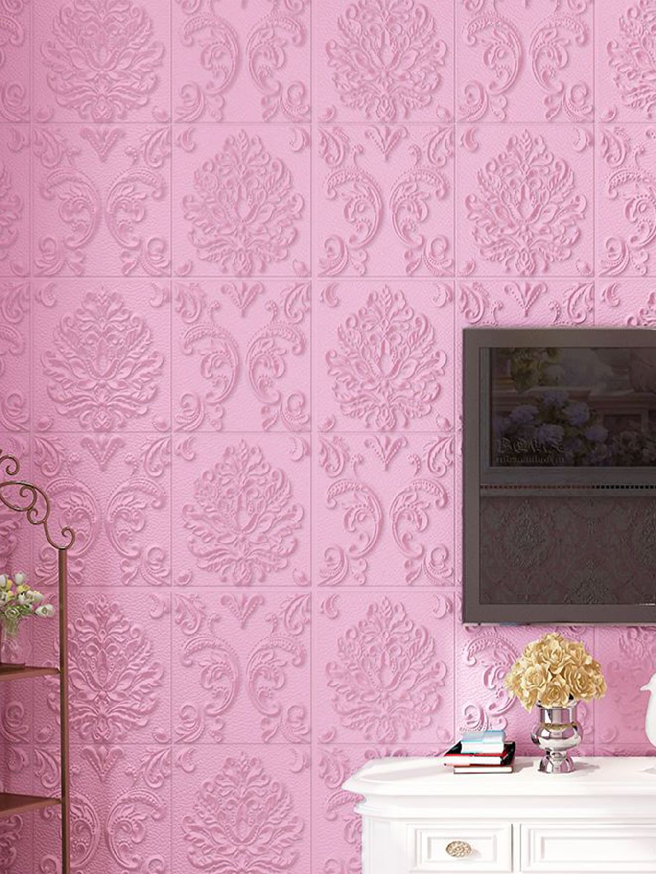 1Pc 35X77Cm PE 3D Dán Tường, Bắc Âu Vintage Thiết Kế Họa Tiết Hoa Hình Chữ Nhật Dán Tường Hình Miếng Dán Kính Cường Lực Cho Gia Đình - Hồng - Xem 1