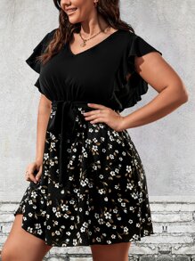 SHEIN LUNE 大碼印花蝴蝶袖繫腰帶連衣裙 - 彩色 - 查看 4