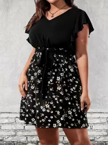 SHEIN LUNE 大碼印花蝴蝶袖繫腰帶連衣裙 - 彩色 - 查看 5