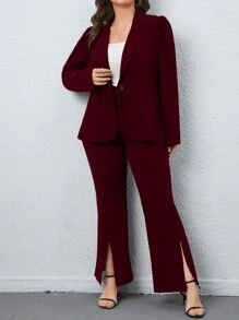 SHEIN Clasi Plus Single Button Blazer & Split Hem Trousers - Burgundy - View 4