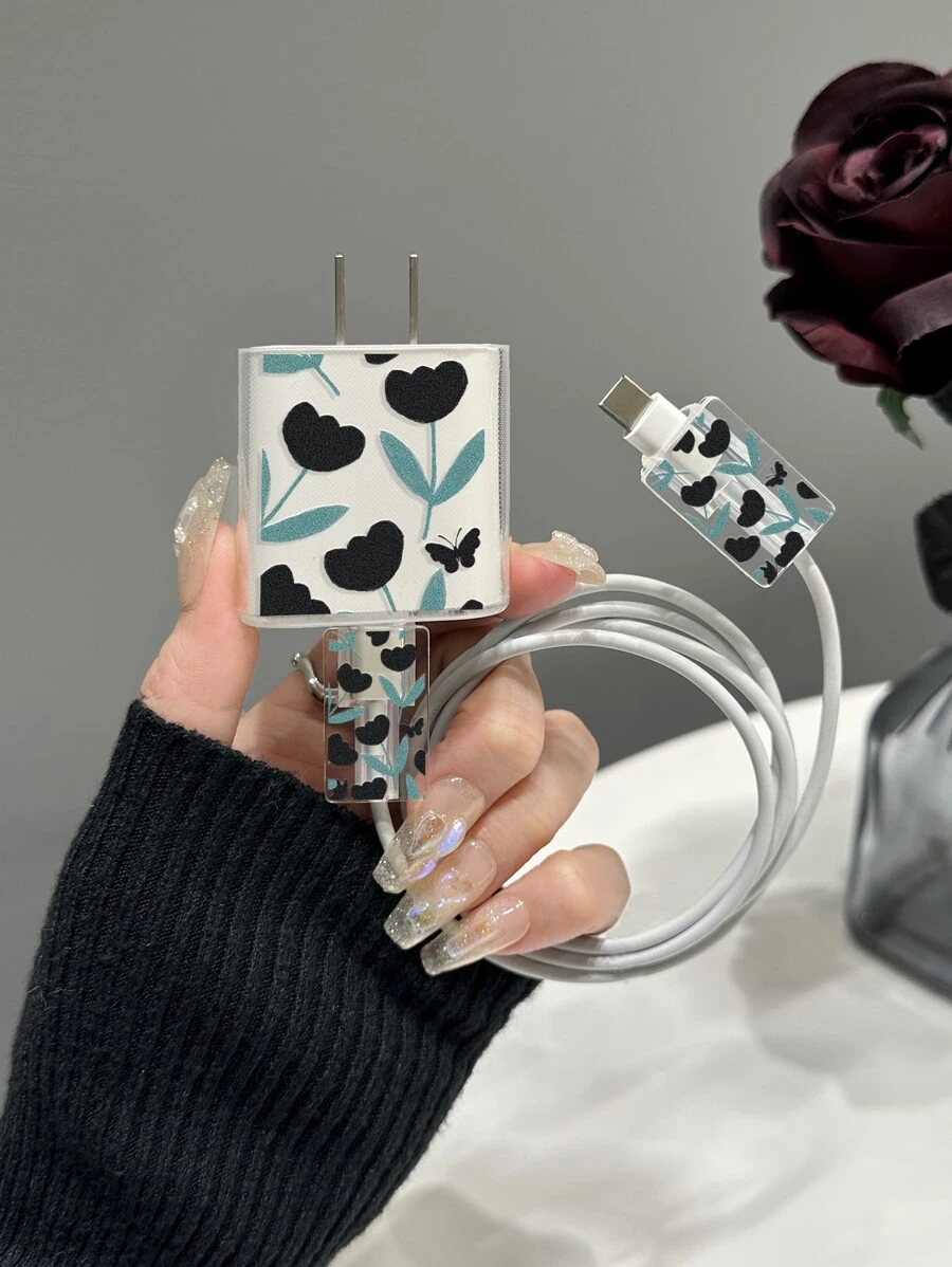 3pcs Floral Pattern Data Cable Protector & Charger Head Cover Set - Multicolor - View 1