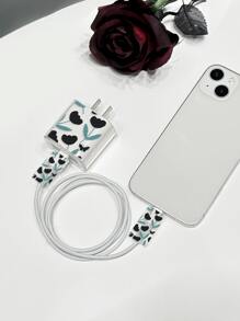 3pcs Floral Pattern Data Cable Protector & Charger Head Cover Set - Multicolor - View 3