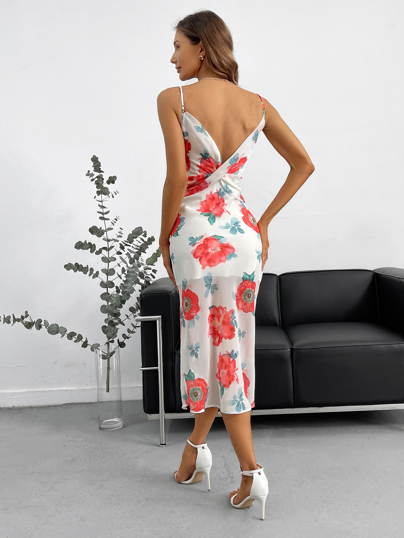 Elegant Floral Print Draped Neck Ruched Slim Fit Cami Dress
