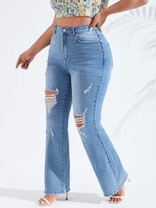 SHEIN SXY Plus Ripped Flare Leg Jeans - Medium Wash - View 1