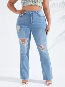 SHEIN SXY Plus Ripped Flare Leg Jeans - Medium Wash - View 3