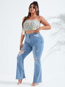 SHEIN SXY Plus Ripped Flare Leg Jeans - Medium Wash - View 5