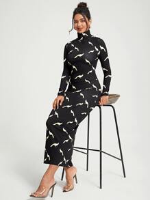 Kovid Kapoor Allover Print High Neck Bodycon Dress - Black - View 1