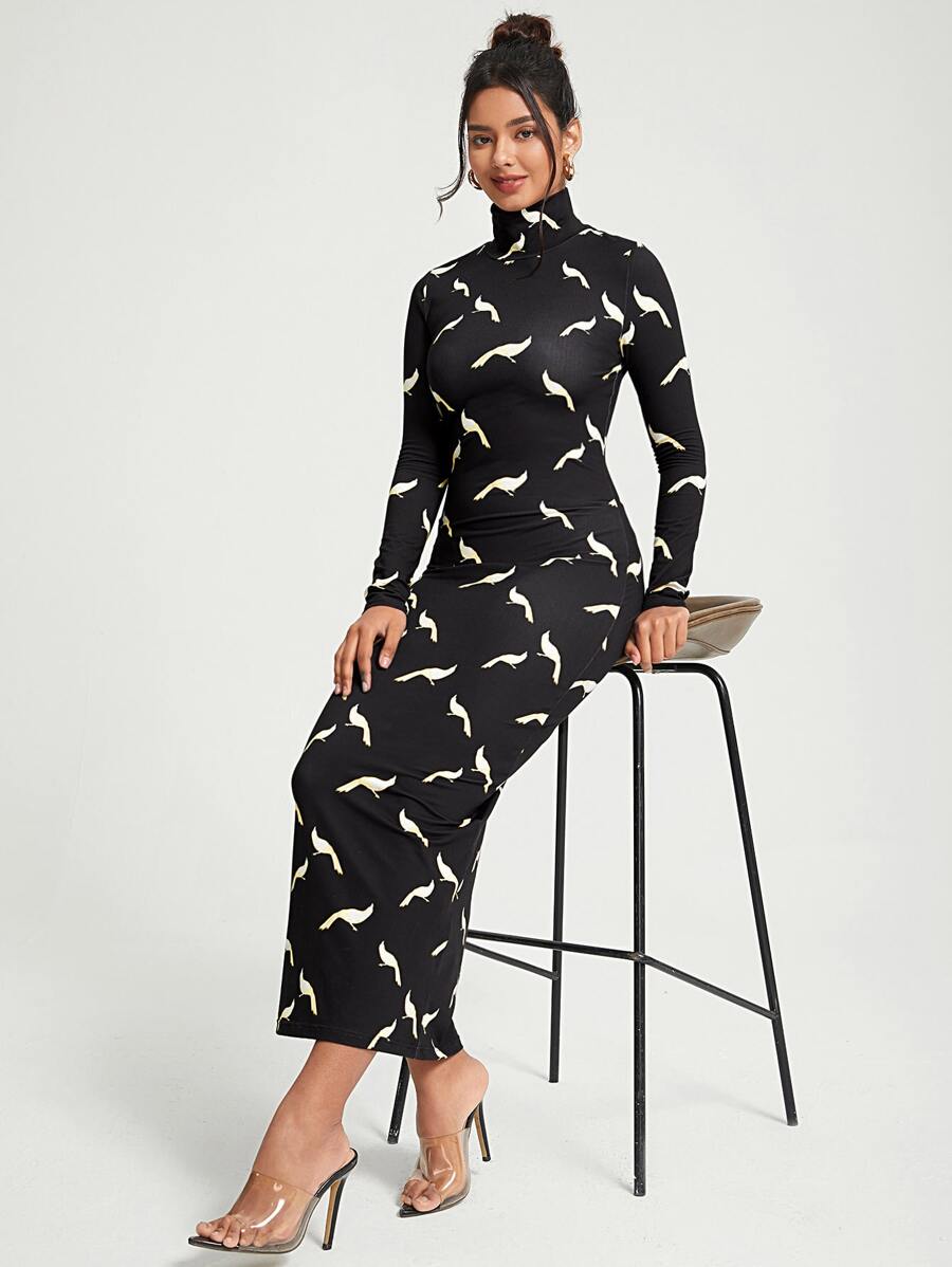 Kovid Kapoor Allover Print High Neck Bodycon Dress - Black - View 1