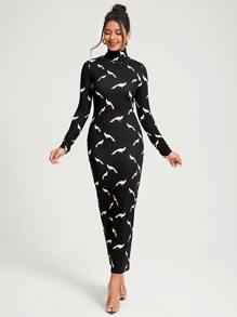 Kovid Kapoor Allover Print High Neck Bodycon Dress - Black - View 3