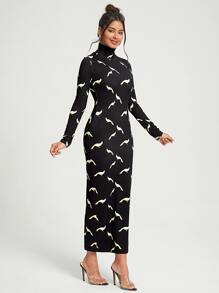 Kovid Kapoor Allover Print High Neck Bodycon Dress - Black - View 4