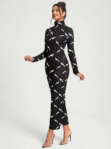 Kovid Kapoor Allover Print High Neck Bodycon Dress - Black - View 5
