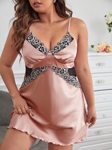 大碼蕾絲拼接木耳邊緞面吊帶睡裙