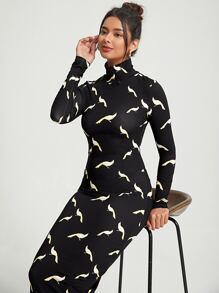 Kovid Kapoor Allover Print High Neck Bodycon Dress - Black - View 6