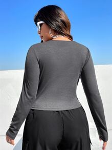 SHEIN EZwear Plus Bikercore Rhinestone Detail Crop Tee - Dark Grey - View 3