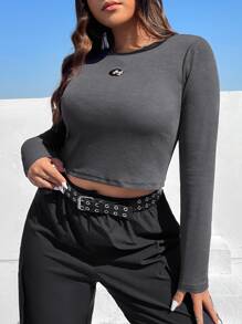 SHEIN EZwear Plus Bikercore Rhinestone Detail Crop Tee - Dark Grey - View 4