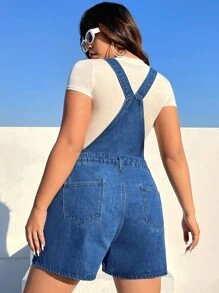 SHEIN EZwear 大碼愛心貼布牛仔連體短褲不帶T恤 - 中等水洗藍 - 查看 3