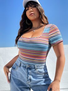 SHEIN Qutie 大碼條紋印花方領連體衣 - 彩色 - 查看 5