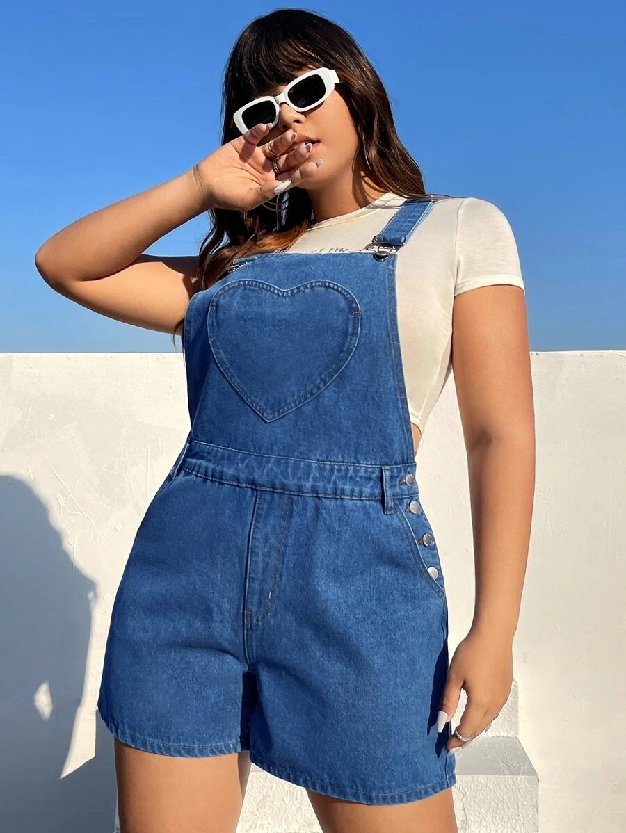 SHEIN EZwear 大碼愛心貼布牛仔連體短褲不帶T恤 - 中等水洗藍 - 查看 1
