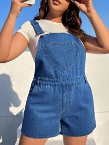 SHEIN EZwear 大碼愛心貼布牛仔連體短褲不帶T恤 - 中等水洗藍 - 查看 4
