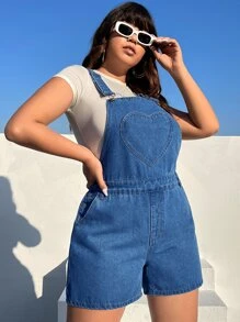 SHEIN EZwear 大碼愛心貼布牛仔連體短褲不帶T恤 - 中等水洗藍 - 查看 5