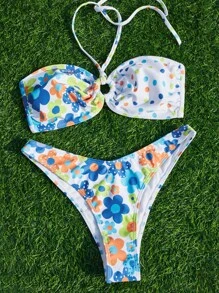 SHEIN Swim 花朵和圓點印花露背夏季海灘比基尼套裝 - 彩色 - 查看 1