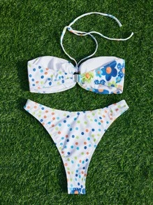 SHEIN Swim 花朵和圓點印花露背夏季海灘比基尼套裝 - 彩色 - 查看 2