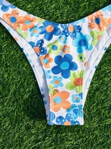 SHEIN Swim 花朵和圓點印花露背夏季海灘比基尼套裝 - 彩色 - 查看 3