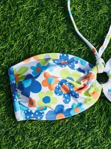 SHEIN Swim 花朵和圓點印花露背夏季海灘比基尼套裝 - 彩色 - 查看 4