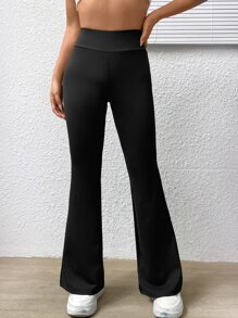 SHEIN EZwear 高腰喇叭褲 - 黑色 - 查看 1