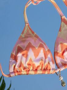 Swim Mod Summer Beach Chevron Print Pearls Detail Halter Triangle Tie Side Bikini Set - Multicolor - View 3