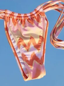 Swim Mod Summer Beach Chevron Print Pearls Detail Halter Triangle Tie Side Bikini Set - Multicolor - View 4