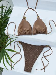 Glitter Bikini Set Ring Linked Triangle Bra & Tie Side Bottom 2 Pieces Bathing Suit, For Summer Beach Vacation - Chocolate Brown - View 2