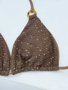 Glitter Bikini Set Ring Linked Triangle Bra & Tie Side Bottom 2 Pieces Bathing Suit, For Summer Beach Vacation - Chocolate Brown - View 3