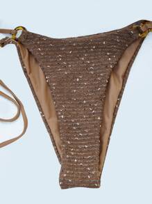Glitter Bikini Set Ring Linked Triangle Bra & Tie Side Bottom 2 Pieces Bathing Suit, For Summer Beach Vacation - Chocolate Brown - View 4